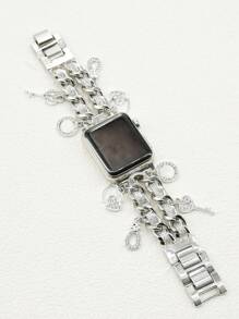 1PC Silver Sparkling Leather Chain Watch Bands With Love Pendant Zinc Alloy Straps 38/40/41/42mm 42/44/45/46/49mm Compatible With Apple Watch Ultra 2/SE/10/9/8/7/6/5/4/3/2/1