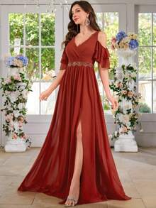 Chiffon Minimalist Off Shoulder Embroidered Sexy V-Neck Bodycon Party Wedding Dress,Bridesmaid Dress - Burnt Orange - View 5