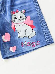 Girls' Summer Cat & Heart Printed Knit Shorts - Blue - View 4