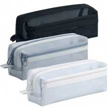 1 Pc Large Grid Mesh Pencil Case Compartment Pen Bag Clear Handheld Multifunction Pencil Pouch Stationery Transparent Makeup Bag - Multicolor - View 6