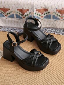 Thick Heel Sandals, New Summer Fashion Casual Comfortable Waterproof Platform Cross Wedge High Heels, Versatile Luxurious Niche Elegant Stiletto Dress Sandals, Suitable For Wedding, Party, Beach, Office, Home