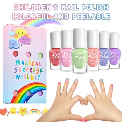 6件套/4毫升儿童趣味彩色指甲油套装，涂鸦美甲水性免烤凝胶指甲油，含底油和面油，多色闪粉，适合儿童美甲沙龙、DIY家居、节日、生日美甲用品