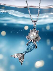 1pc Elegant Zinc Alloy Mermaid Pendant Necklace With Stainless Steel Chain, Shimmering Princess Necklace, Suitable For Beach Vacation, Gift For Girlfriend, Daily Wear