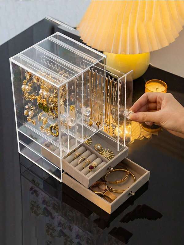 1 Stück PS 3-Fach+2-Schubladen Schmuckaufbewahrungsbox für Ohrringe, Halsketten, Armbänder, Ringe und anderen Schmuck, Aufbewahrungsschrank für den Schreibtisch, staubdicht und feuchtigkeitsgeschützt, Geschenk zum Valentinstag