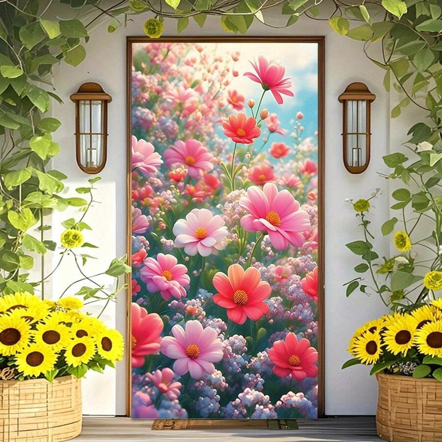 1pc Vibrant Spring Floral Welcome Banner - Colorful Garden Pattern, Durable Polyester, Ideal For Seasonal Farmhouse Decor, Porch And Outdoor Photo Booth, Front Door Welcome Sign