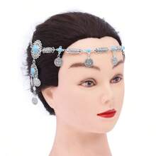 1pc Retro Kazakh Style Metal Faux Turquoise Hairband, Headpiece For Beach, Traveling, Fashion Accessory - Blue - View 1