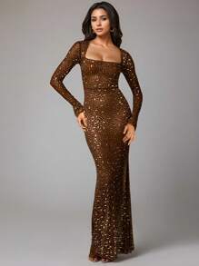 Fashion Elegant Women's Sparkling Rhinestone Long Sleeve Square Neck Dress Birthday Party Graduation Outfit,Gown,Formal,Evening,Wedding Guest - Apricot - View 8