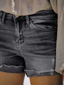 Celana Pendek Denim Sobek Warna Polos untuk Wanita, Celana Pendek Denim Sobek Kasual dengan Saku dan Penutup Resleting, Elastisitas Sedang, Gaya Musim Panas - Dark Grey - View 4