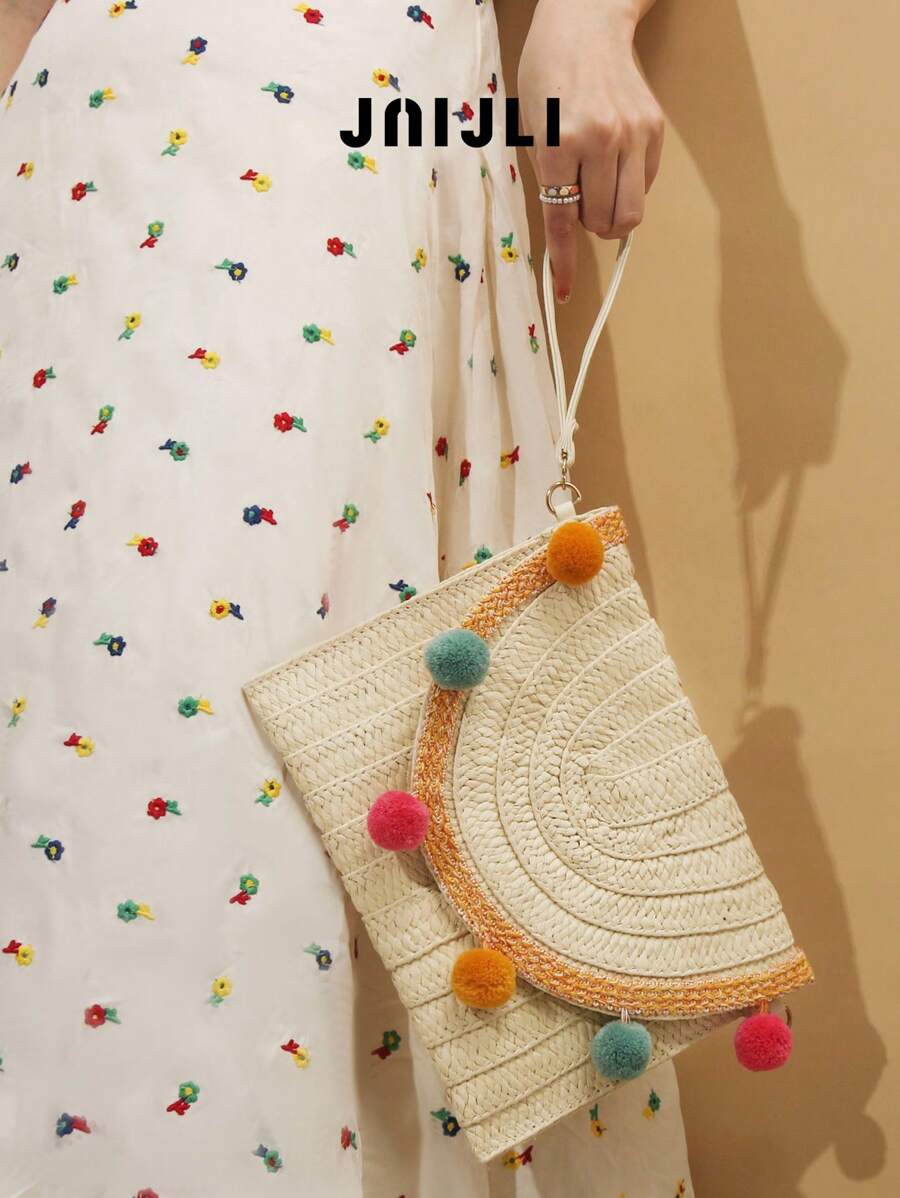 JNIJLI 1pc Design Forest Retro Style Straw Woven Envelope Clutch, Handmade Colorful Knit Ball Decor, Casual Niche Envelope Handbag, Suitable For Women, Party Girls, Brides, Perfect For Beach Wedding, Party, Prom, Dinner/Banquet, Best Gift For Female Family, Friends, Bridesmaids - Apricot - View 1