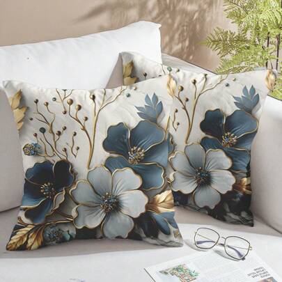 2pcs Floral Throw Pillow Case Set, Luxury Classic Design Cushion Covers For Living Room And Bedroom Sofa Decor, Green & Gold Patterns (Pillow Inserts Not Included)