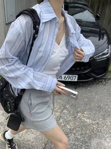 韩版休闲宽松条纹长袖衬衫，春夏款 - 藍色 - 查看 3