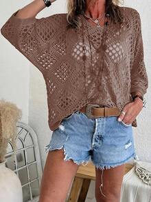 Plus Size Summer Hollow Out Loose Pullover Knit Sweater - Coffee Brown - View 3