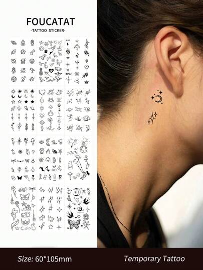 12 张创意黑色小图案临时纹身贴纸，男女皆宜，树叶、星空、月亮、星星纹身，防水，适用于手臂、脸、手指和颈部