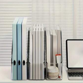 2pcs Transparent PET Desktop Organizer - Multi-Functional Office Supply Transparent Storage Rack, Vertical Book & Stationery Holder, Desktop File & Folder Stand, Space Saving Bookshelf For Home And School