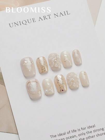 10 片手工制作短款指甲贴，米色指甲，柔和花朵，夏季指甲，可重复使用假指甲美甲用品