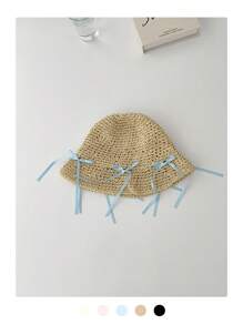 1 件可爱蝴蝶结丝带镂空透气瘦身渔夫帽，女士夏季防晒帽，手工编织蝴蝶结草帽