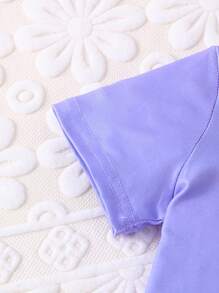 Bộ 2 món/Bộ áo thun dệt kim nhẹ tay ngắn in hình rùa biển nhiều màu sắc cho bé gái và quần short viền bèo nhún họa tiết, Xuân/Hè - Màu tím - Xem 5