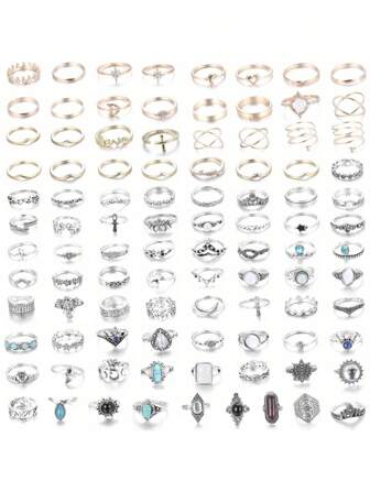 CASSIECA 96 Pcs Bohemia Knuckle Rings For Women Vintage Joint Finger Rings Carved Hollow Flowers Stackable Knuckle Midi Rings Set