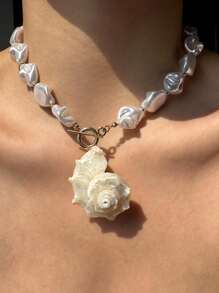 1pc White Asymmetrical Baroque Pearl Natural Large Sea Shell Pendant Necklace, Simple & Versatile Beach Jewelry, Perfect Elegant Summer Vacation Accessory For Women - Multicolor - View 7