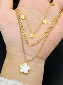 1 Multi-Layered Wear Retro Smooth Shell Floral Pendant Stainless Steel Three-Layer Petal Chain Necklace Suitable For Women's Daily Wear - Multicolor - View 9