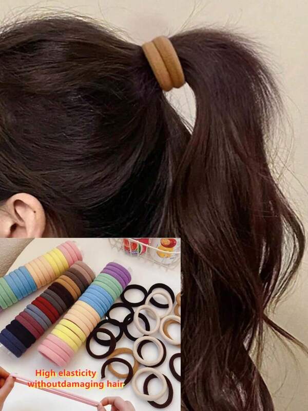 Set de 10/50/100/200 lazos para el cabello de alta elasticidad para mujeres, aptos para coletas, uso casual, bandas para el cabello de niños, Coleteros sin costuras, anillos para el pulgar de bebé, accesorios elegantes y de moda a juego con el maquillaje, en una mezcla aleatoria de negro, blanco, caqui y marrón