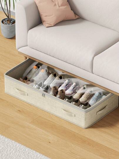 1pc Beige Clothing Storage Bag, Shoe Storage Bag, Bed Bottom Shoe Storage Bag, Fully Utilizing Space Without Occupying Space, Quilt Storage Bag, Bed Bottom Storage Bag, Foldable Storage, Organizing Bag, Soft Fabric Without Support Inside, Large Capacity Transparent Window, Suitable For Home Storage And Organizing Idle Shoes, Quilts, Out Of Season Clothing, Toy Storage, Multifunctional