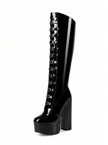 Women's Black Waterproof Table Buckle With Hollow Spring And Summer Knee Length Cool Boots - màu đen - Xem 5