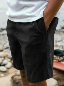 1件青少年男童休闲户外街头风直筒灯芯绒短裤，夏季 - 黑色 - 查看 1