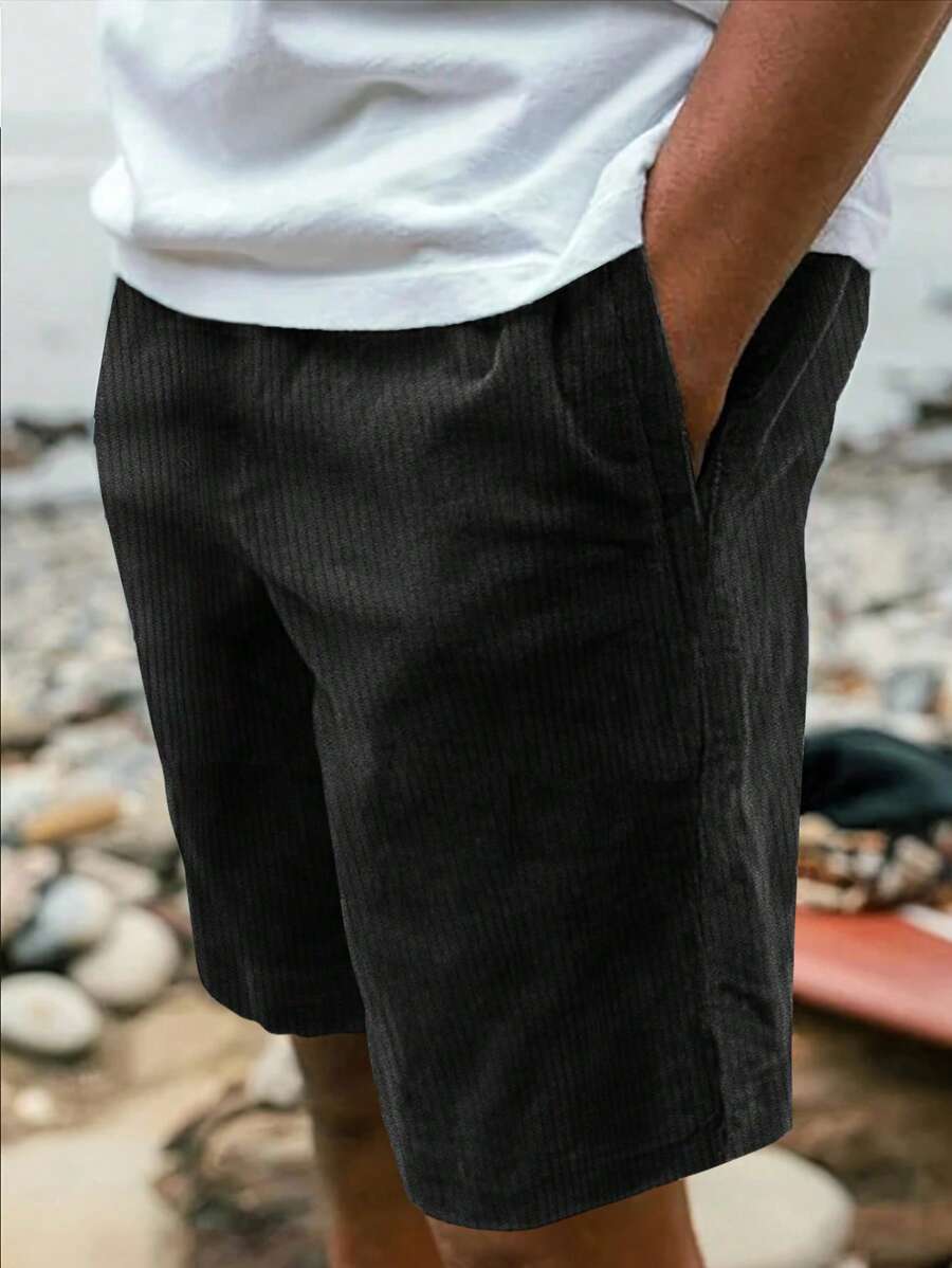 1件青少年男童休闲户外街头风直筒灯芯绒短裤，夏季 - 黑色 - 查看 1