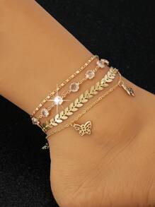 1 Set Of 4pcs Rhinestone Wheat Ear Chain, Hollow Butterfly Pendant Anklet Set, Elegant Beach Style Anklet - Wheat Ear Butterfly 4-piece Set - View 1