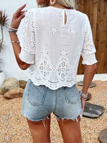 女士春夏纯色花卉刺绣弹力莲花袖衬衫 白色 - 白色 - 查看 5