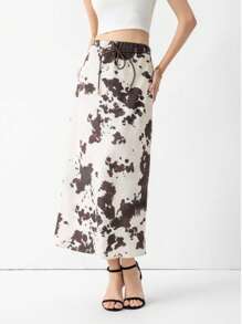 女装春季新品：动物图案印花通勤真丝缎质感竖款高腰半身裙 - 米色 - 查看 2