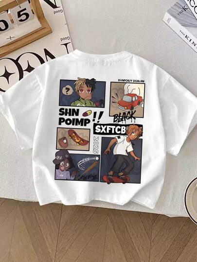 年轻男孩简约休闲运动卡通印花圆领短袖T恤，夏季