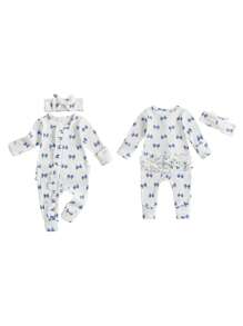 Baby Girl 2Pcs Fall Outfits Ruffle Long Sleeve Bow Print Jumpsuit With Headband Set Newborn Clothes - White - View 2