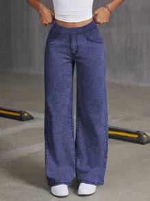 1pc Teen Girl Casual Loose Outdoor Sports Exercise Personalized Denim Effect Pocket Straight Leg Long Pants, Spring/Summer/Autumn/Winter - Blue - View 2