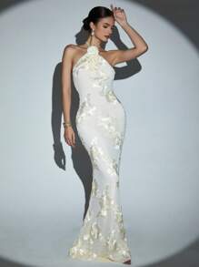 Women Handmade Floral Studded Mesh Long Sleeveless Bodycon Dress, Sexy Backless Design, Suitable For Banquets, Galas And Fashion Shows, Party Dress, Wedding Guest Dress, Prom Dress