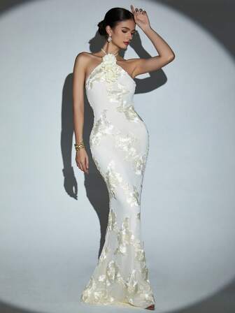 女士手工花卉铆钉网眼长款无袖紧身连衣裙，性感露背设计，适合宴会、联欢会和时装秀、派对礼服、婚礼宾客礼服、舞会礼服