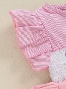 Infant Baby Girl First Birthday Outfit Sweet Smocked Bubble Romper Cute Fly Sleeve Bodysuit Cake Smash Outfit - 粉色 - 查看 6