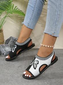 2025 New Women Plus Size Peep-Toe Roman Style Sandals, Net Fabric Knitted Embroidered Flat Sandals With Butterfly Embroidery, Fashion