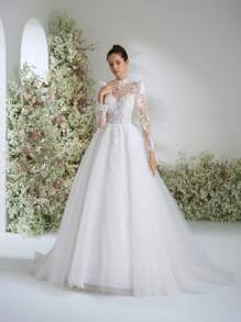 Elasola 优雅时尚的长袖婚纱、露背婚纱、立领婚纱、教堂婚纱、毕业草坪婚纱、A字拖尾婚纱，新娘优雅之选 - 白色 - 查看 6