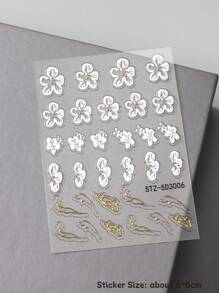 2pcs White Pink Hibiscus Flower Wedding Nails 5D Embossed Nail Art Stickers, French Tips Nails Charm Golden Line & Star Beads Soft Carving Self Adhesive Blooming Floral Design Nail Art Decals For Nail Art Decoration, Nail Supplies
