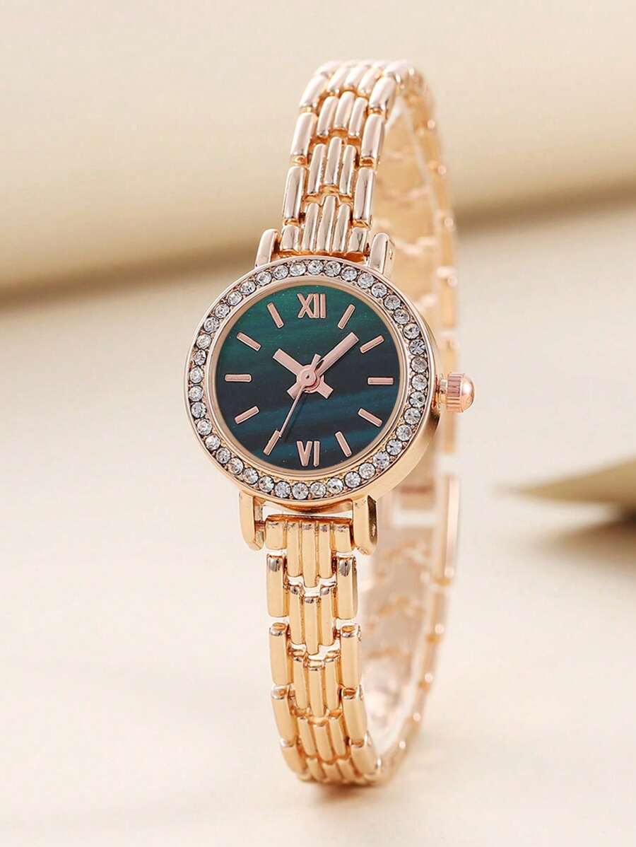 1pc Fashion Rhinestone Colorful Dial Roman Numeral Rose Gold Quartz Watch, Star Pattern, Suitable For Middle School Girls - Rose Gold - View 1