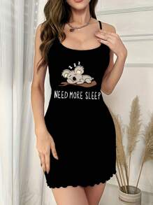 女式休闲可爱卡通树懒印花细肩带吊带连衣裙睡袍 - 黑色 - 查看 4
