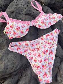Women Floral Bikini Set, Sleeveless Bra With Low Waist Briefs Bathing Suit 2-Piece Swimsuit - 粉色 - 查看 8