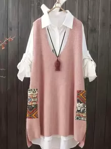 Plus Size V-Neck Random Print Pocket Knitted Sweater Dress Casual Pink - Pink - View 1