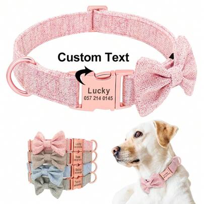 Elegant Felt Bow Pet Collar With Engraved Text, Adjustable Solid Color Dog Collar To Prevent Loss, Pink Ornamental,Engraved Stylish,Fashion,Colorful,Vintage,Cute,Contracted,Cuties Custom,Unique,Customized,Personalized Pet For Anniversaries,For Birthdays