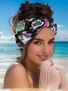 Fashionable Skull Print Twisted Headband, Suitable For Men And Women: Yoga, Fitness, Running, Sports, Sweat-Absorbent, Outdoor Comfortable Non-Slip Sports Headband, Elegant Hair Accessory