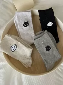 4 đôi tất cổ cao đến bắp chân họa tiết hoạt hình dành cho nữ, tất cổ cao chấm bi hình mèo dễ thương, màu ngẫu nhiên, mùa thu - Nhiều màu - Xem 2