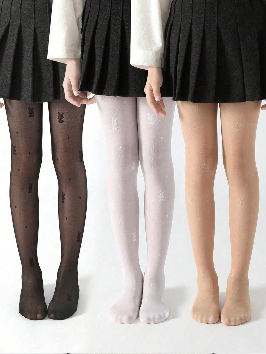 3 件装 儿童提花兔子图案网眼紧身裤连裤袜 - 彩色 - 查看 1