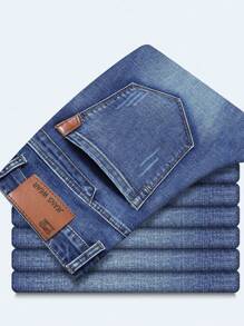 男士商务休闲直筒牛仔裤，弹力牛仔裤，适合日常穿着，时尚百搭 - 藍色 - 查看 8